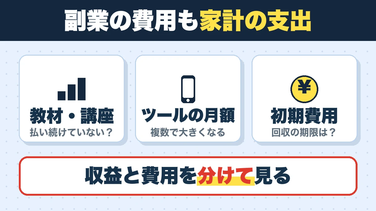 副業の費用も家計の支出。教材・講座(払い続けていない?)、ツールの月額(複数で大きくなる)、初期費用(回収の期限は?)。収益と費用を分けて見る