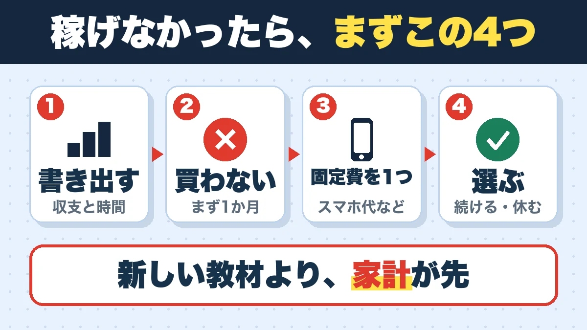 稼げなかったら、まずこの4つ。書き出す（収支と時間）、買わない（まず1か月）、固定費を1つ（スマホ代など）、選ぶ（続ける・休む）。新しい教材より、家計が先
