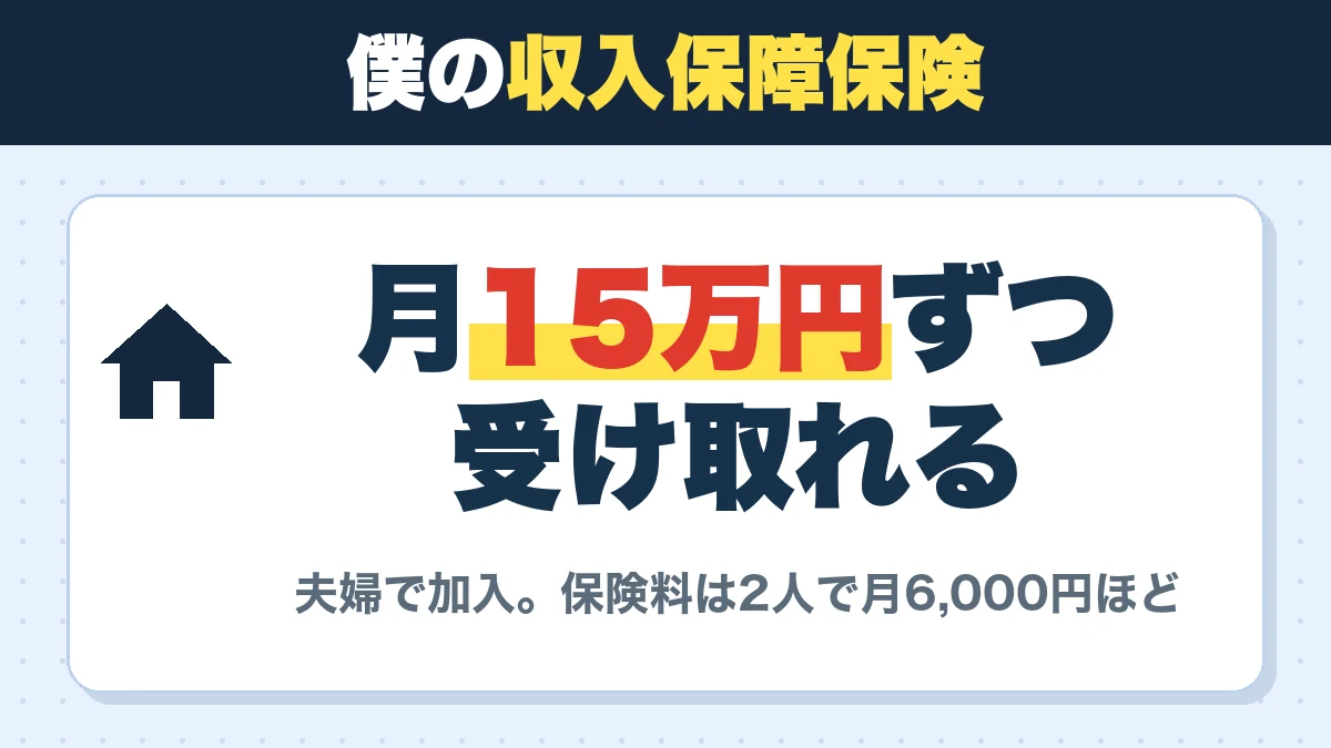 僕の収入保障保険。月15万円ずつ受け取れる。夫婦で加入。保険料は2人で月6,000円ほど