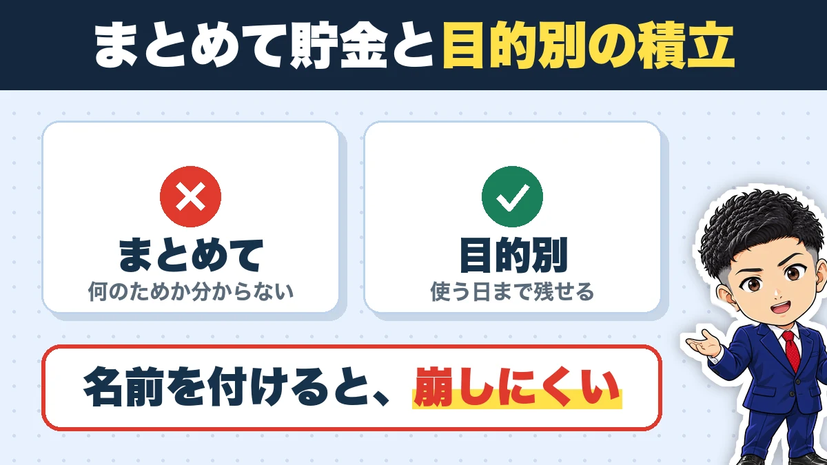まとめて貯金と目的別の積立。まとめて（何のためか分からない）、目的別（使う日まで残せる）。名前を付けると、崩しにくい