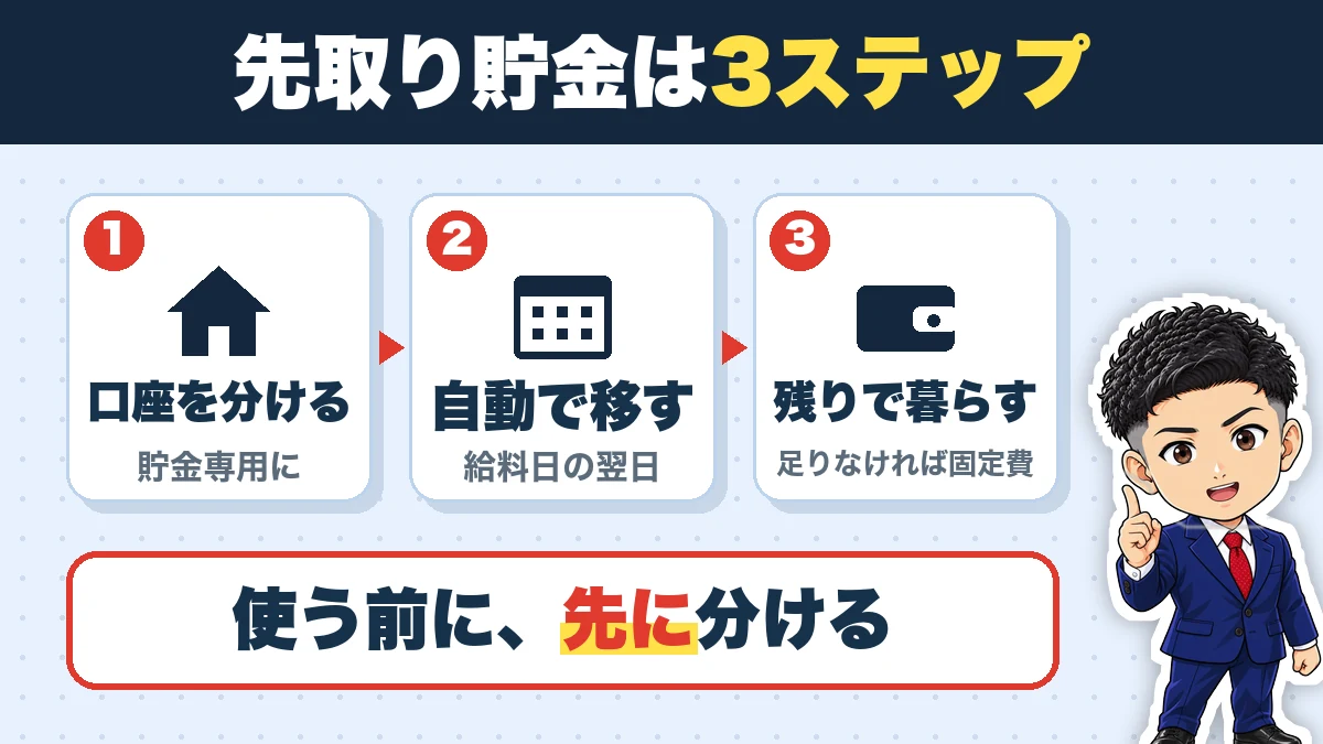 先取り貯金は3ステップ。口座を分ける(貯金専用に)、自動で移す(給料日の翌日)、残りで暮らす(足りなければ固定費)。使う前に、先に分ける