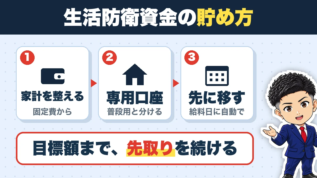 生活防衛資金の貯め方。家計を整える(固定費から)、専用口座(普段用と分ける)、先に移す(給料日に自動で)。目標額まで、先取りを続ける