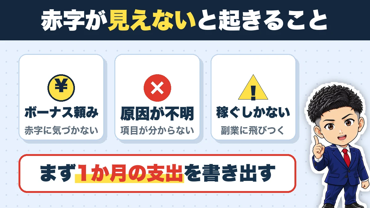 貯金が残らない原因。ボーナスで埋めて赤字に気づかない、原因の項目が分からない、稼ぐしかないと考える。まず1か月の支出を書き出す